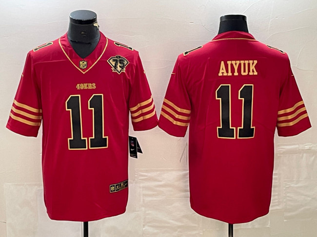 Men's San Francisco 49ers #11 Brandon Aiyuk Red Gold With 75th Anniversary Patch Stitched Jersey